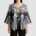South Sydney Rabbitohs Rugby Kimono Sleeve Blouse Polynesian Tribal Rabbit Warrior Black White Pattern