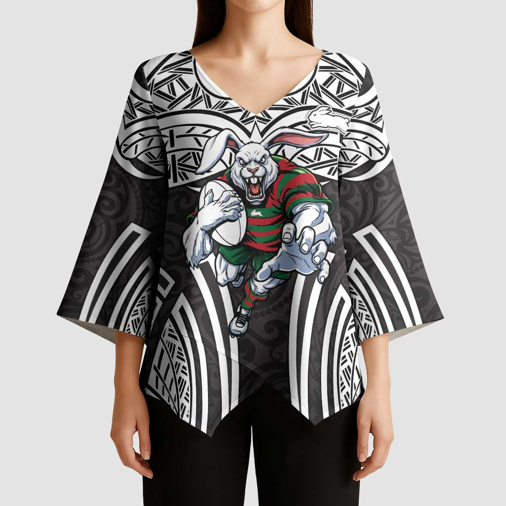 South Sydney Rabbitohs Rugby Kimono Sleeve Blouse Polynesian Tribal Rabbit Warrior Black White Pattern