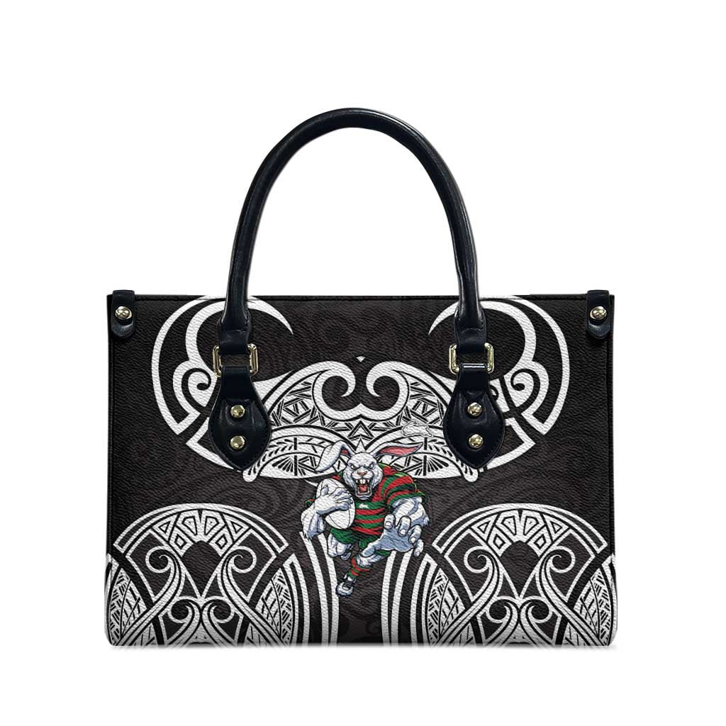 South Sydney Rabbitohs Rugby Leather Bag Polynesian Tribal Rabbit Warrior Black White Pattern