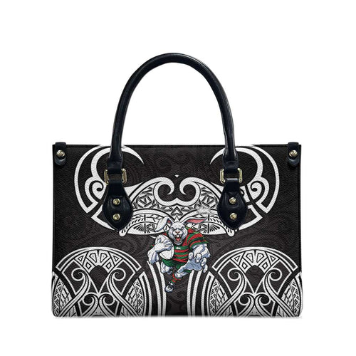 South Sydney Rabbitohs Rugby Leather Bag Polynesian Tribal Rabbit Warrior Black White Pattern