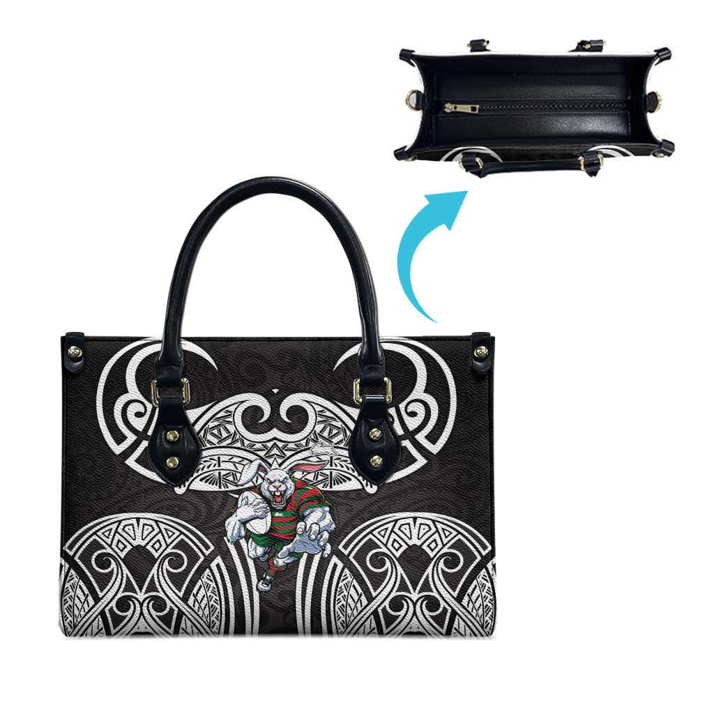 South Sydney Rabbitohs Rugby Leather Bag Polynesian Tribal Rabbit Warrior Black White Pattern