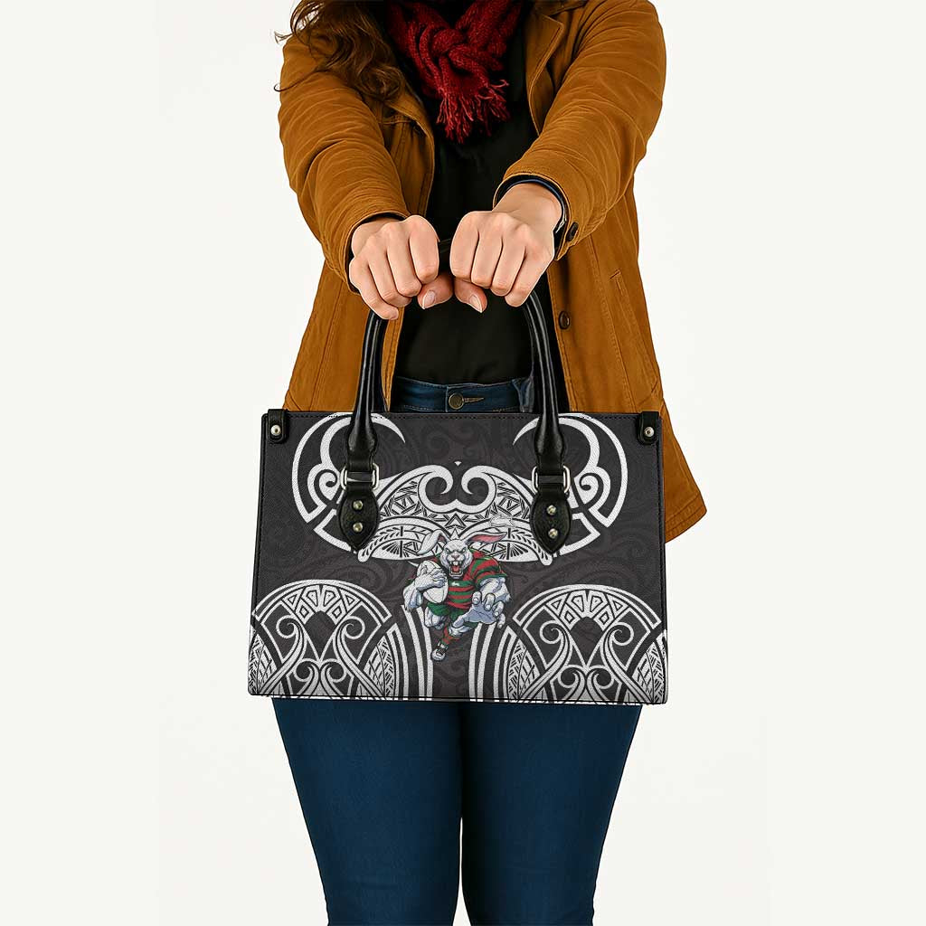 South Sydney Rabbitohs Rugby Leather Bag Polynesian Tribal Rabbit Warrior Black White Pattern