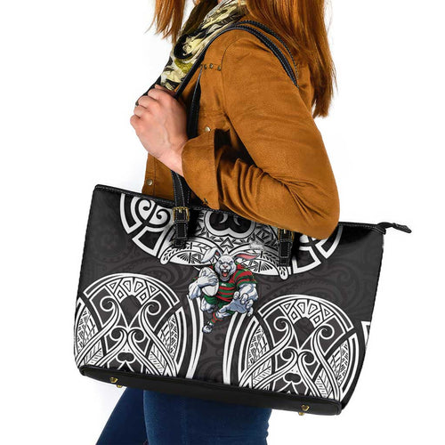 South Sydney Rabbitohs Rugby Leather Tote Bag Polynesian Tribal Rabbit Warrior Black White Pattern