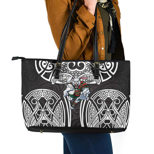 South Sydney Rabbitohs Rugby Leather Tote Bag Polynesian Tribal Rabbit Warrior Black White Pattern