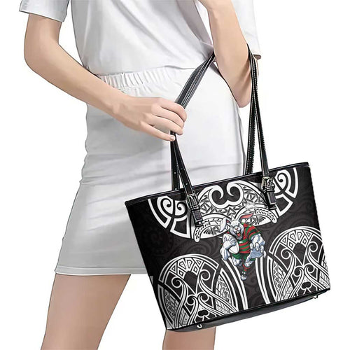 South Sydney Rabbitohs Rugby Leather Tote Bag Polynesian Tribal Rabbit Warrior Black White Pattern