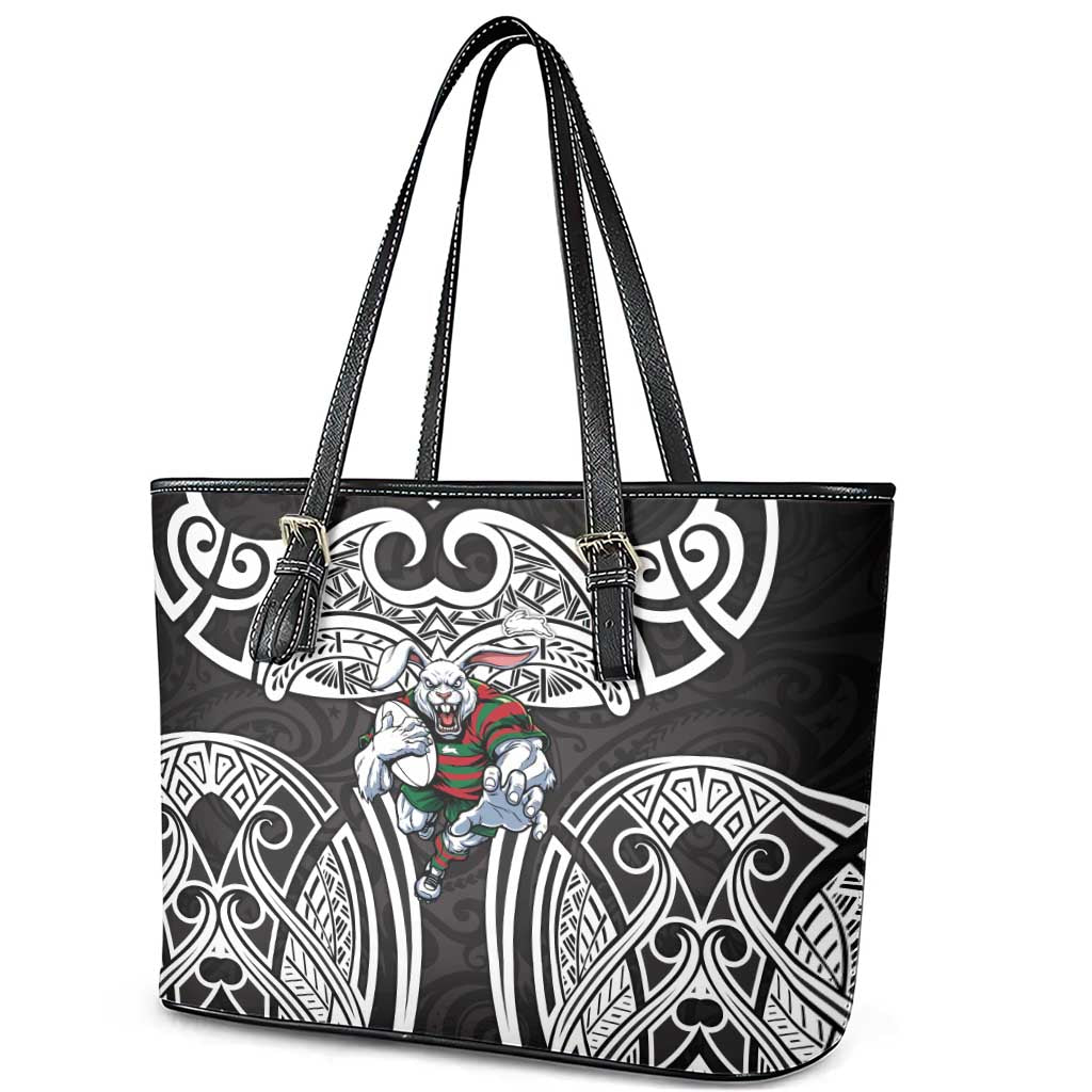 South Sydney Rabbitohs Rugby Leather Tote Bag Polynesian Tribal Rabbit Warrior Black White Pattern