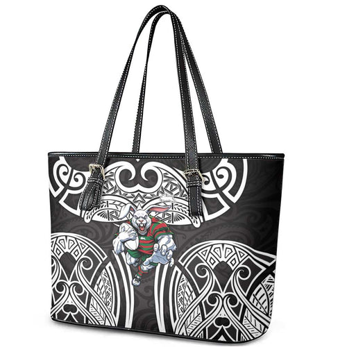 South Sydney Rabbitohs Rugby Leather Tote Bag Polynesian Tribal Rabbit Warrior Black White Pattern