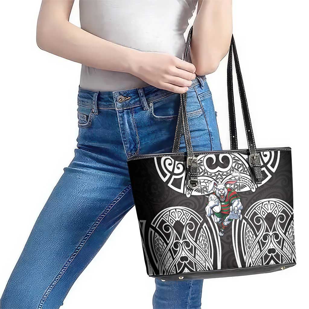South Sydney Rabbitohs Rugby Leather Tote Bag Polynesian Tribal Rabbit Warrior Black White Pattern