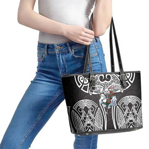 South Sydney Rabbitohs Rugby Leather Tote Bag Polynesian Tribal Rabbit Warrior Black White Pattern