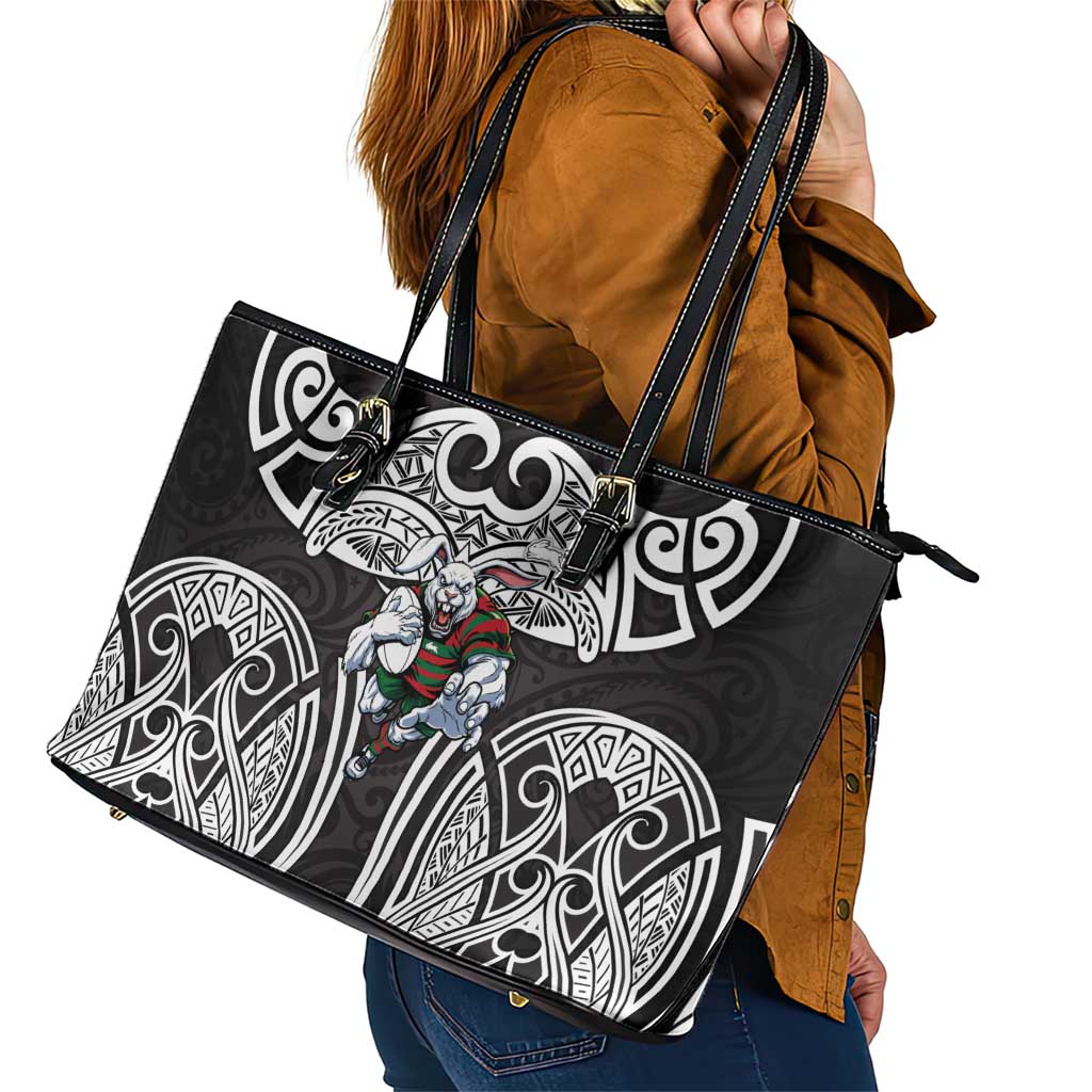 South Sydney Rabbitohs Rugby Leather Tote Bag Polynesian Tribal Rabbit Warrior Black White Pattern