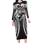 South Sydney Rabbitohs Rugby Long Sleeve Bodycon Dress Polynesian Tribal Rabbit Warrior Black White Pattern
