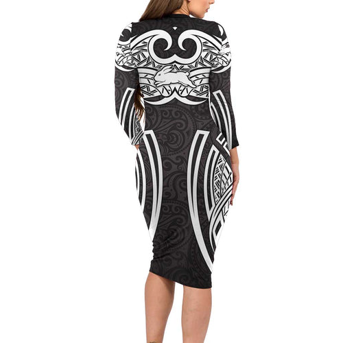 South Sydney Rabbitohs Rugby Long Sleeve Bodycon Dress Polynesian Tribal Rabbit Warrior Black White Pattern