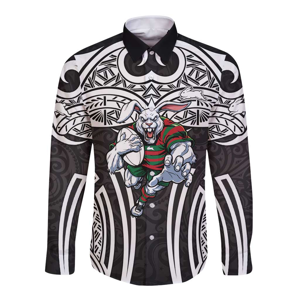 South Sydney Rabbitohs Rugby Long Sleeve Button Shirt Polynesian Tribal Rabbit Warrior Black White Pattern