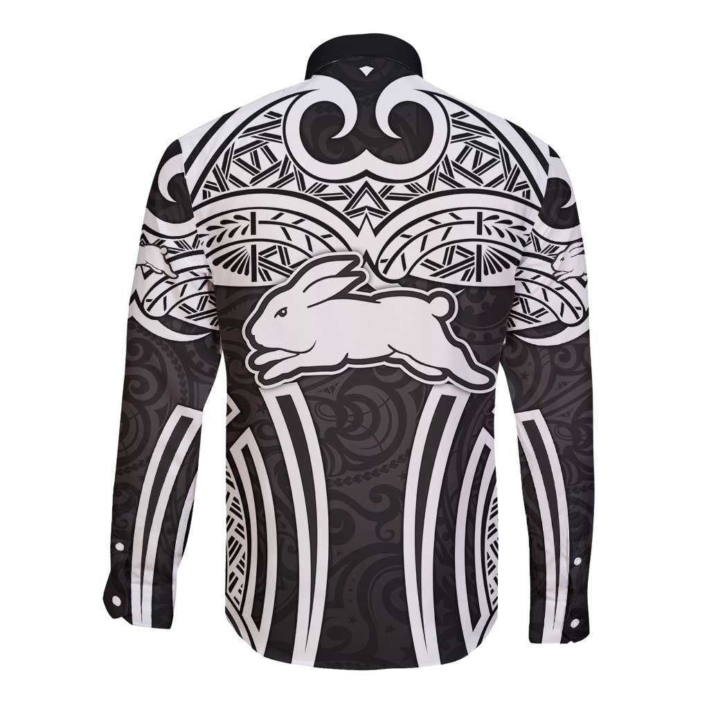 South Sydney Rabbitohs Rugby Long Sleeve Button Shirt Polynesian Tribal Rabbit Warrior Black White Pattern