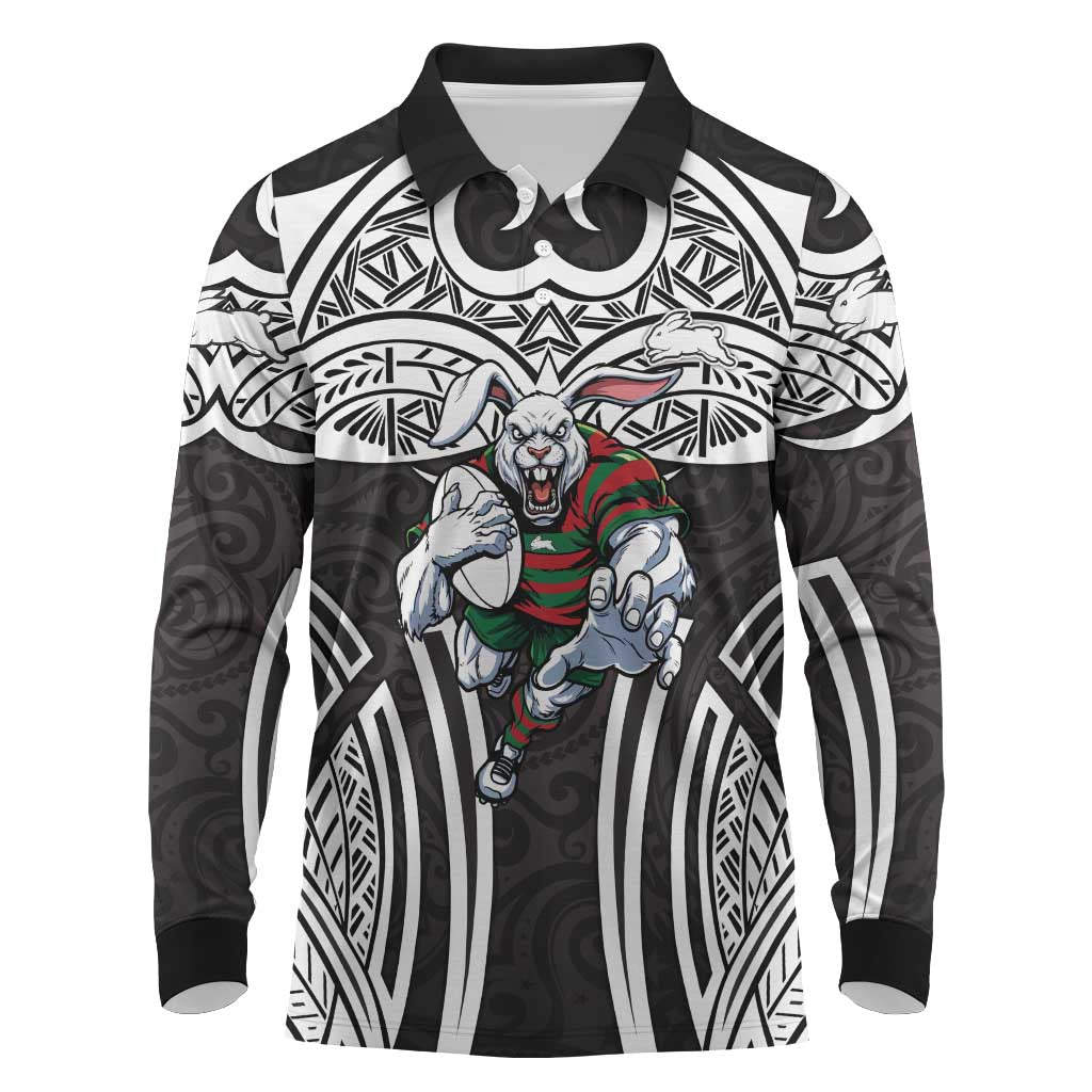 South Sydney Rabbitohs Rugby Long Sleeve Polo Shirt Polynesian Tribal Rabbit Warrior Black White Pattern