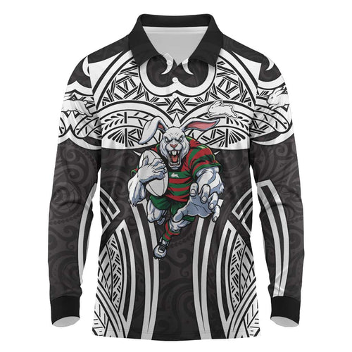 South Sydney Rabbitohs Rugby Long Sleeve Polo Shirt Polynesian Tribal Rabbit Warrior Black White Pattern