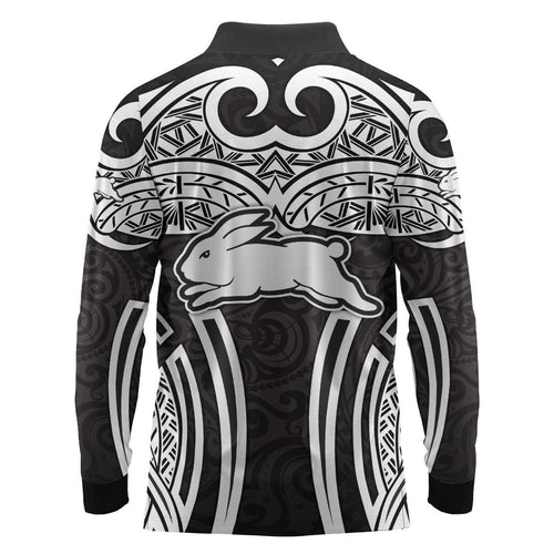 South Sydney Rabbitohs Rugby Long Sleeve Polo Shirt Polynesian Tribal Rabbit Warrior Black White Pattern