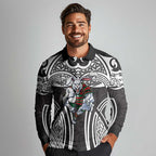 South Sydney Rabbitohs Rugby Long Sleeve Polo Shirt Polynesian Tribal Rabbit Warrior Black White Pattern