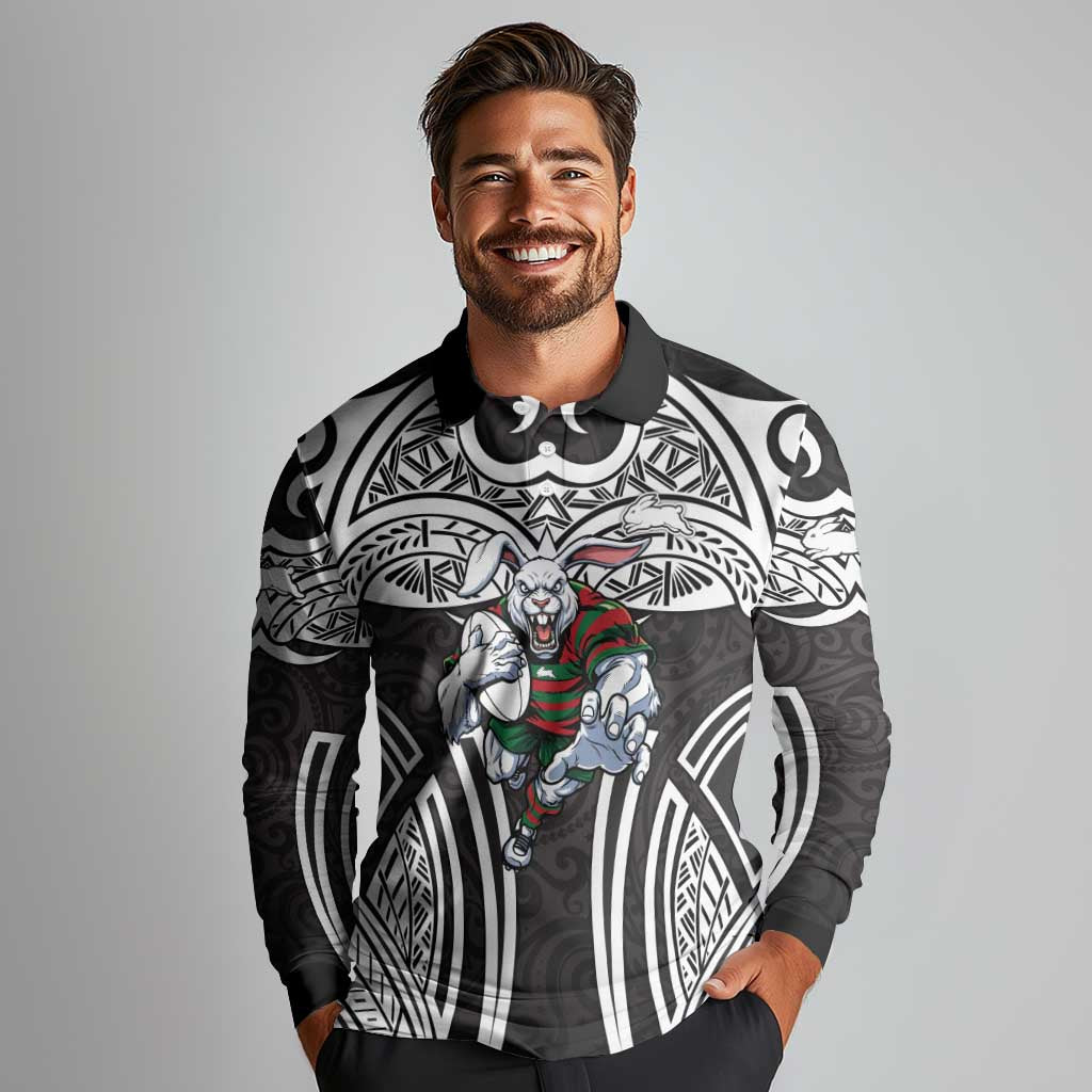 South Sydney Rabbitohs Rugby Long Sleeve Polo Shirt Polynesian Tribal Rabbit Warrior Black White Pattern