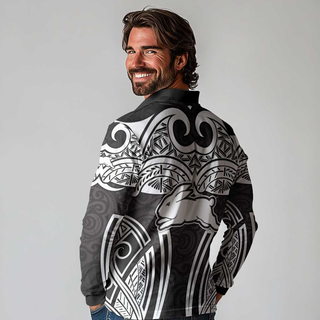 South Sydney Rabbitohs Rugby Long Sleeve Polo Shirt Polynesian Tribal Rabbit Warrior Black White Pattern
