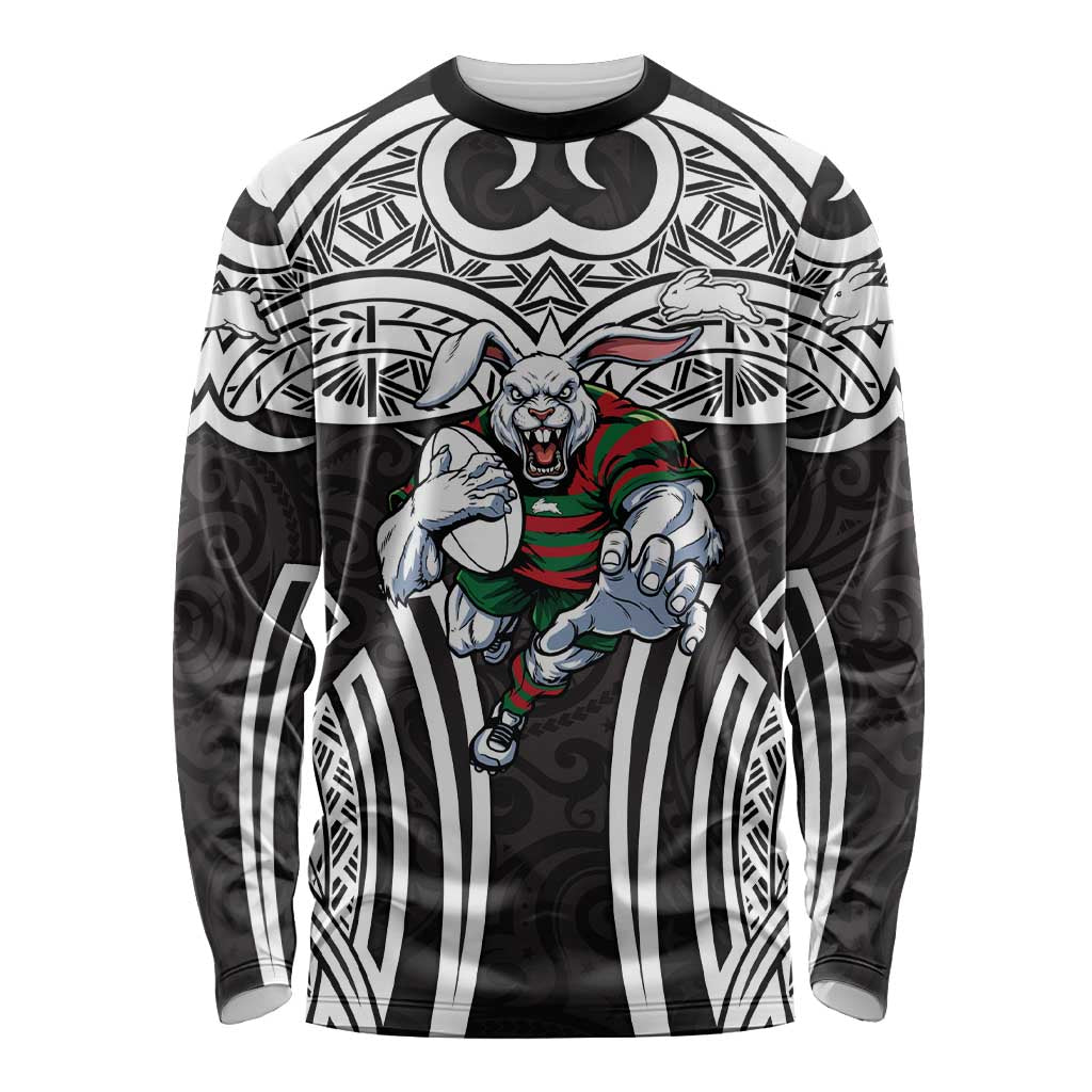 South Sydney Rabbitohs Rugby Long Sleeve Shirt Polynesian Tribal Rabbit Warrior Black White Pattern