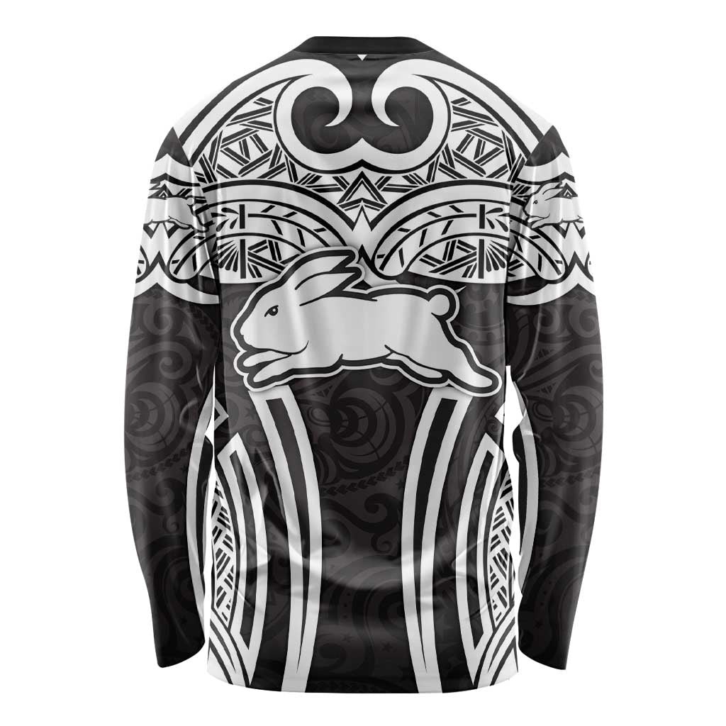 South Sydney Rabbitohs Rugby Long Sleeve Shirt Polynesian Tribal Rabbit Warrior Black White Pattern