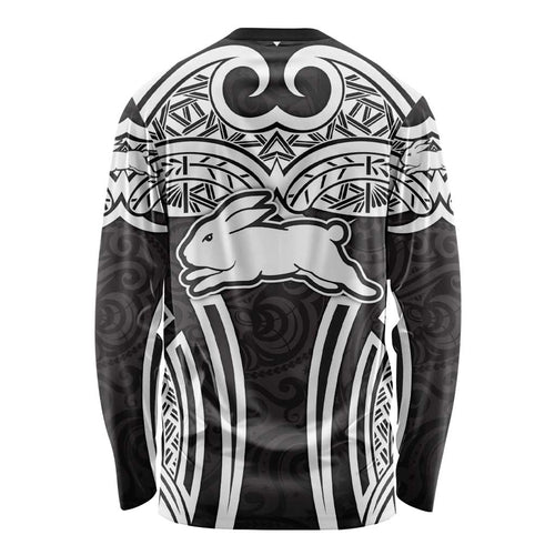 South Sydney Rabbitohs Rugby Long Sleeve Shirt Polynesian Tribal Rabbit Warrior Black White Pattern