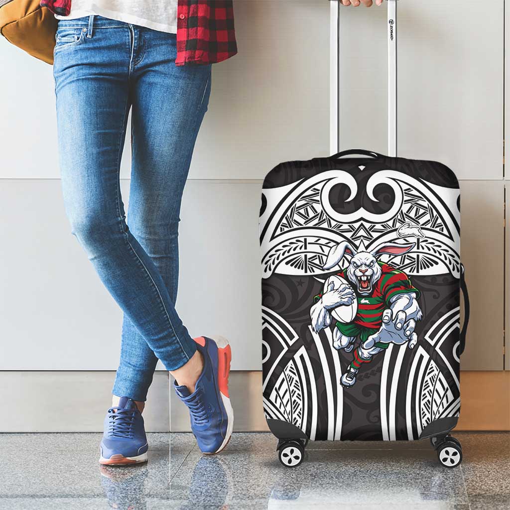 South Sydney Rabbitohs Rugby Luggage Cover Polynesian Tribal Rabbit Warrior Black White Pattern