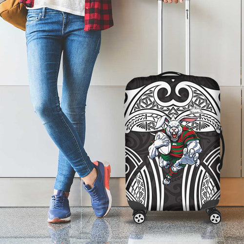 South Sydney Rabbitohs Rugby Luggage Cover Polynesian Tribal Rabbit Warrior Black White Pattern