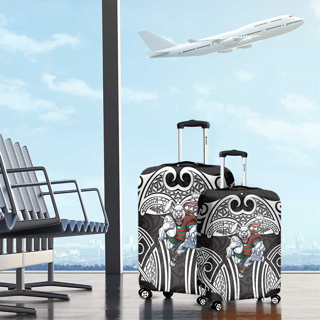 South Sydney Rabbitohs Rugby Luggage Cover Polynesian Tribal Rabbit Warrior Black White Pattern