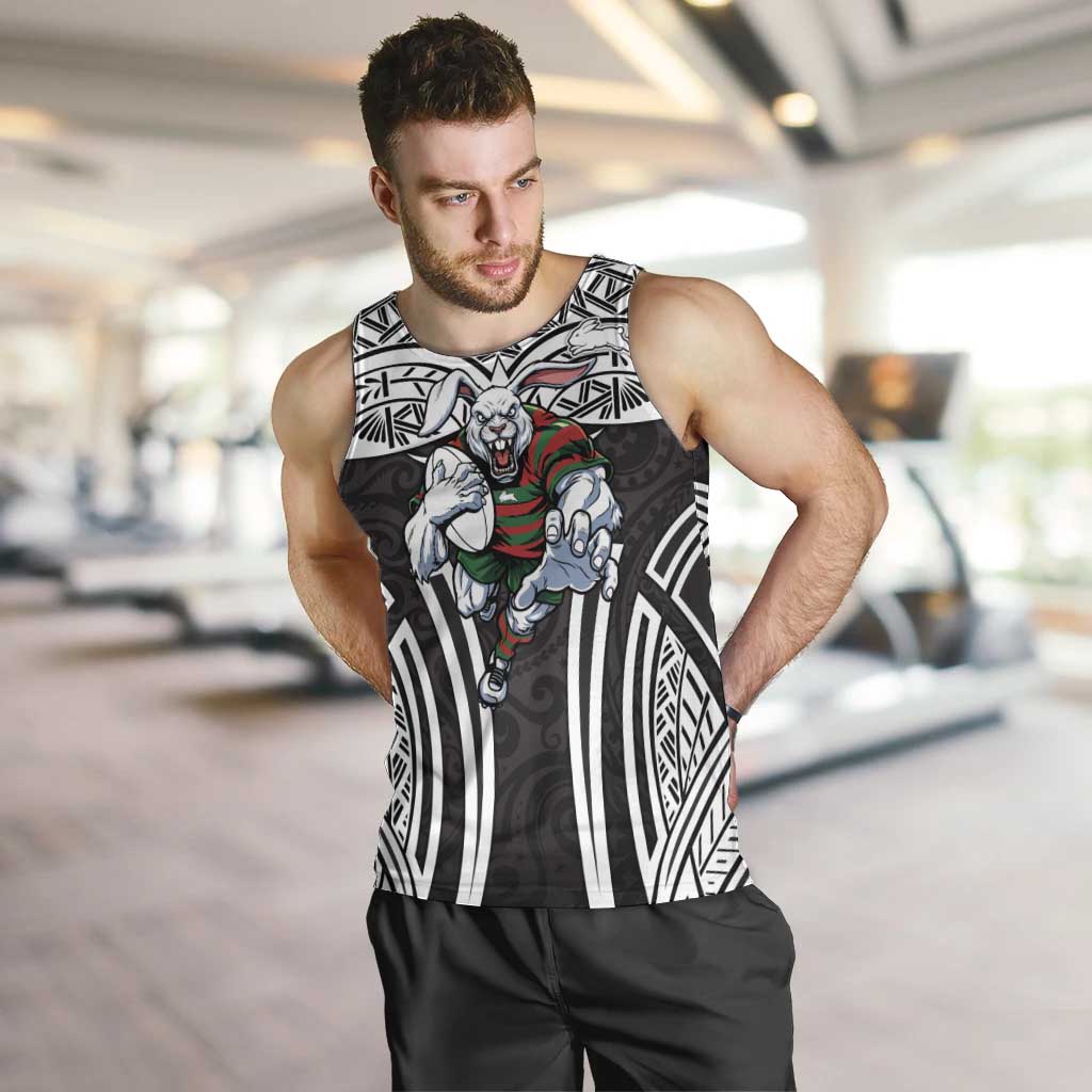 South Sydney Rabbitohs Rugby Men Tank Top Polynesian Tribal Rabbit Warrior Black White Pattern
