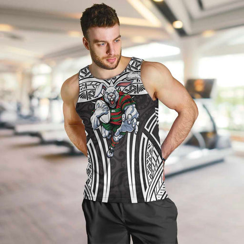South Sydney Rabbitohs Rugby Men Tank Top Polynesian Tribal Rabbit Warrior Black White Pattern