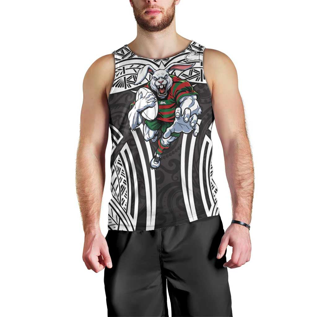 South Sydney Rabbitohs Rugby Men Tank Top Polynesian Tribal Rabbit Warrior Black White Pattern