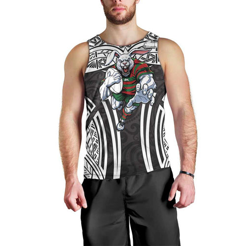 South Sydney Rabbitohs Rugby Men Tank Top Polynesian Tribal Rabbit Warrior Black White Pattern