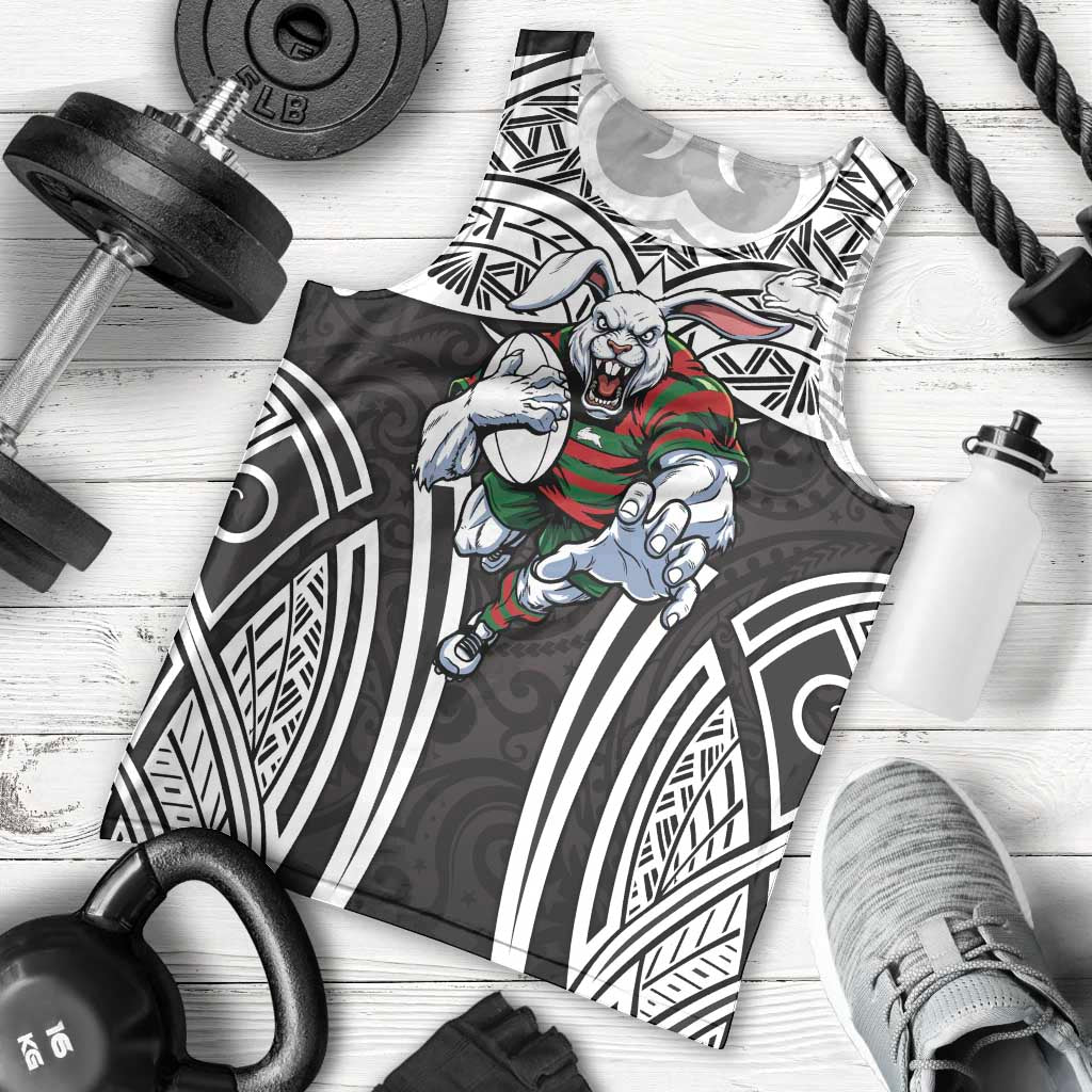 South Sydney Rabbitohs Rugby Men Tank Top Polynesian Tribal Rabbit Warrior Black White Pattern