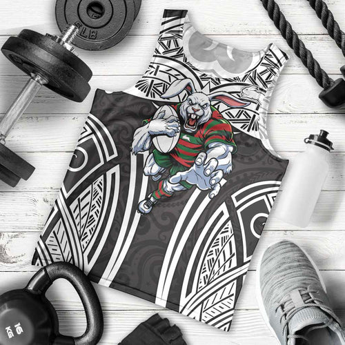 South Sydney Rabbitohs Rugby Men Tank Top Polynesian Tribal Rabbit Warrior Black White Pattern