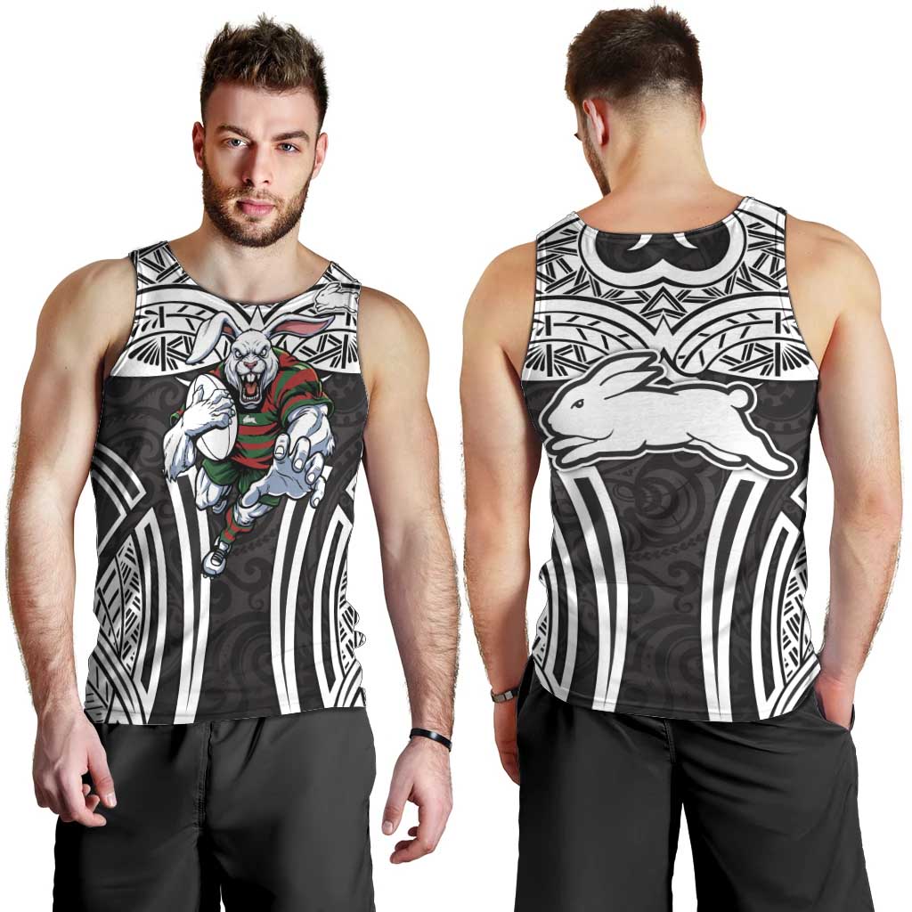 South Sydney Rabbitohs Rugby Men Tank Top Polynesian Tribal Rabbit Warrior Black White Pattern