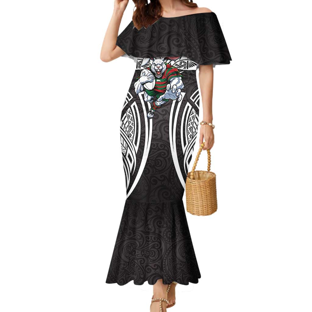 South Sydney Rabbitohs Rugby Mermaid Dress Polynesian Tribal Rabbit Warrior Black White Pattern