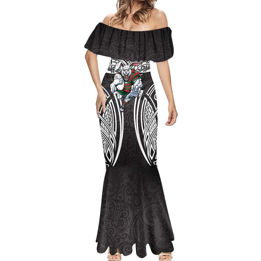 South Sydney Rabbitohs Rugby Mermaid Dress Polynesian Tribal Rabbit Warrior Black White Pattern