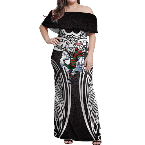 South Sydney Rabbitohs Rugby Off Shoulder Maxi Dress Polynesian Tribal Rabbit Warrior Black White Pattern