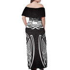 South Sydney Rabbitohs Rugby Off Shoulder Maxi Dress Polynesian Tribal Rabbit Warrior Black White Pattern