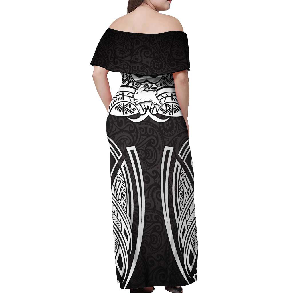 South Sydney Rabbitohs Rugby Off Shoulder Maxi Dress Polynesian Tribal Rabbit Warrior Black White Pattern