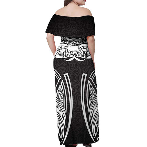 South Sydney Rabbitohs Rugby Off Shoulder Maxi Dress Polynesian Tribal Rabbit Warrior Black White Pattern