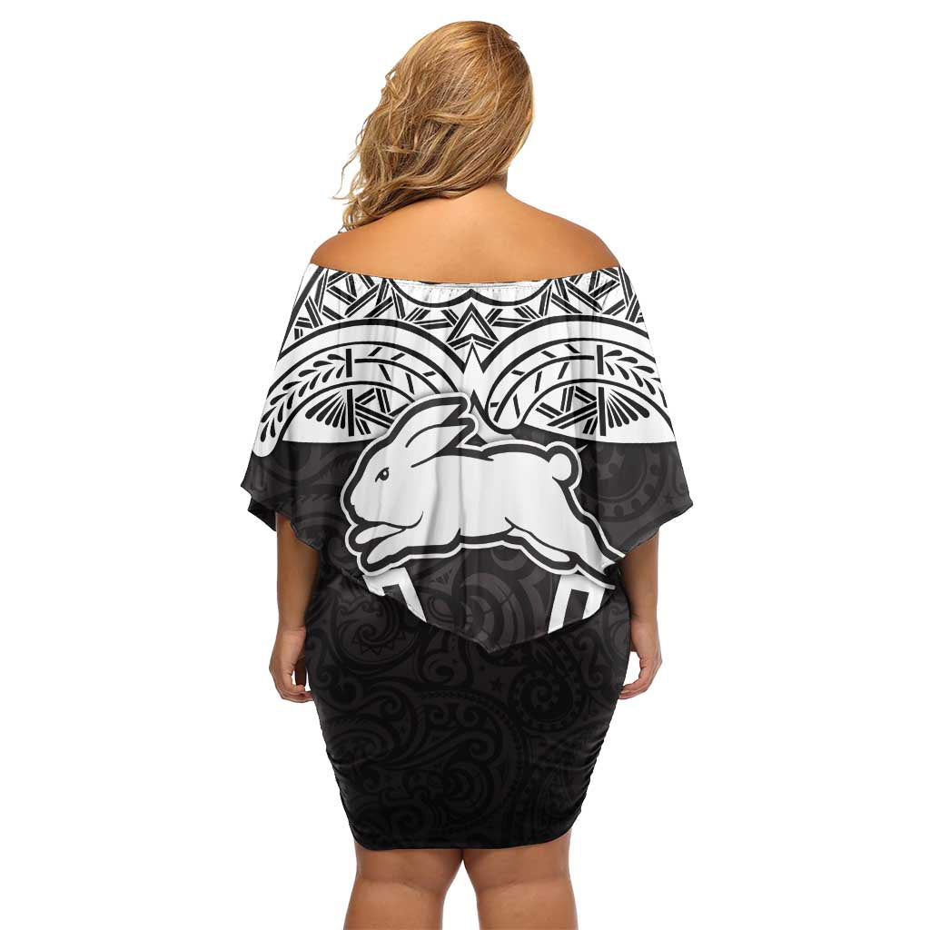 South Sydney Rabbitohs Rugby Off Shoulder Short Dress Polynesian Tribal Rabbit Warrior Black White Pattern