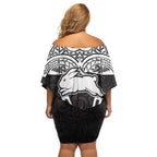 South Sydney Rabbitohs Rugby Off Shoulder Short Dress Polynesian Tribal Rabbit Warrior Black White Pattern