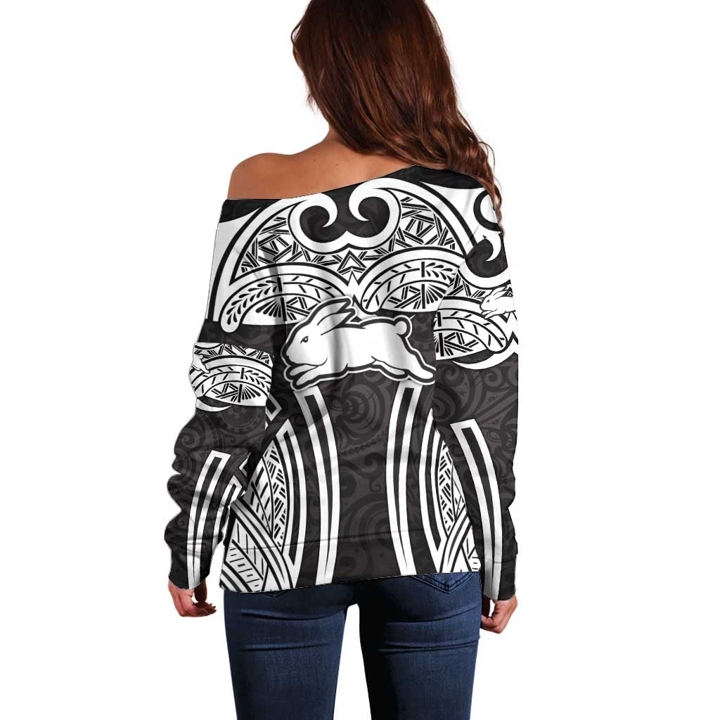 South Sydney Rabbitohs Rugby Off Shoulder Sweater Polynesian Tribal Rabbit Warrior Black White Pattern