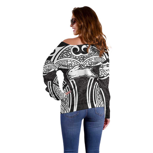 South Sydney Rabbitohs Rugby Off Shoulder Sweater Polynesian Tribal Rabbit Warrior Black White Pattern