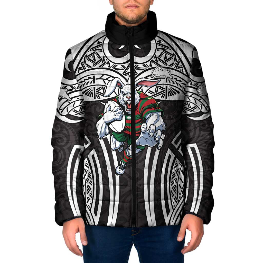South Sydney Rabbitohs Rugby Padded Jacket Polynesian Tribal Rabbit Warrior Black White Pattern