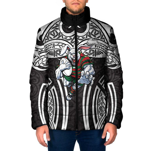 South Sydney Rabbitohs Rugby Padded Jacket Polynesian Tribal Rabbit Warrior Black White Pattern