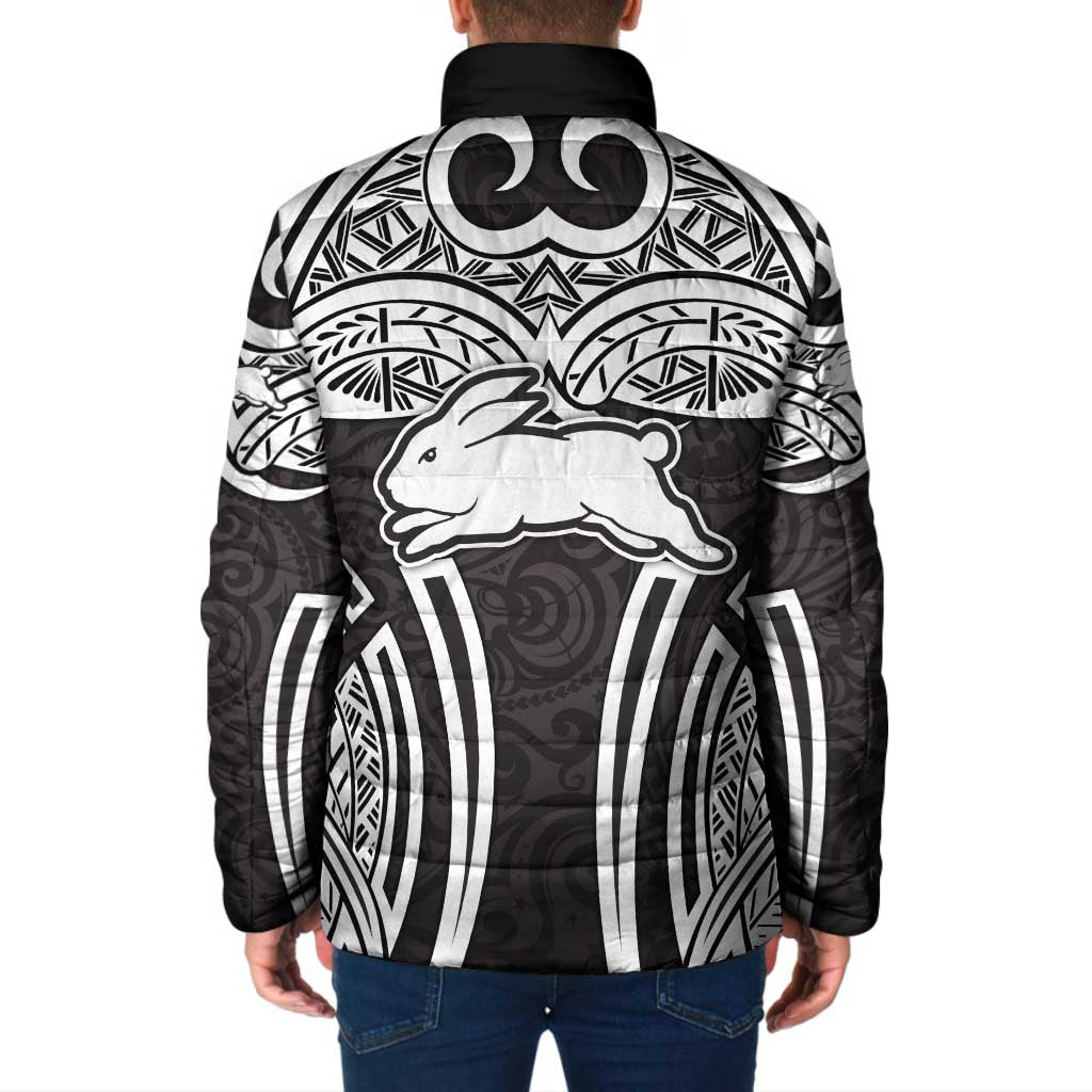 South Sydney Rabbitohs Rugby Padded Jacket Polynesian Tribal Rabbit Warrior Black White Pattern